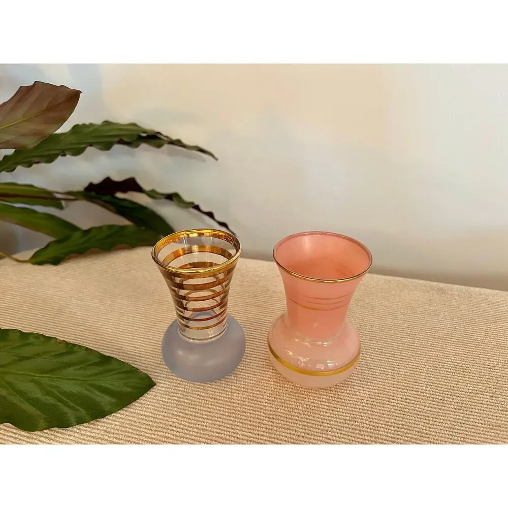 Vintage Glass Vases Pair Hollywood Regency Gold Stripe Pink Blue Mid Century